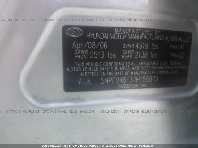 5NPEU46F37H158875 - 2007 HYUNDAI SONATA SE/LIMITED GOLD photo 9