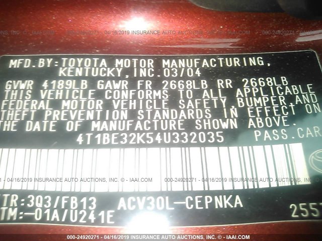 4T1BE32K54U332035 - 2004 TOYOTA CAMRY LE/XLE/SE RED photo 9