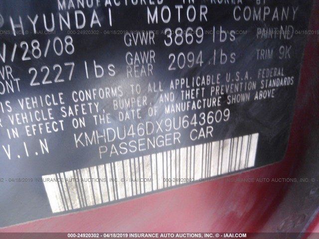 KMHDU46DX9U643609 - 2009 HYUNDAI ELANTRA GLS/SE RED photo 9