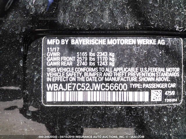 WBAJE7C52JWC56600 - 2018 BMW 540 XI BLACK photo 9