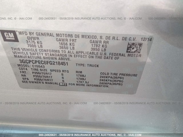 3GCPCPEC6FG218451 - 2015 CHEVROLET SILVERADO C1500 SILVER photo 9