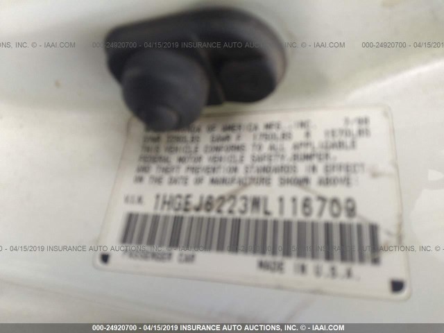 1HGEJ6223WL116709 - 1998 HONDA CIVIC DX WHITE photo 9