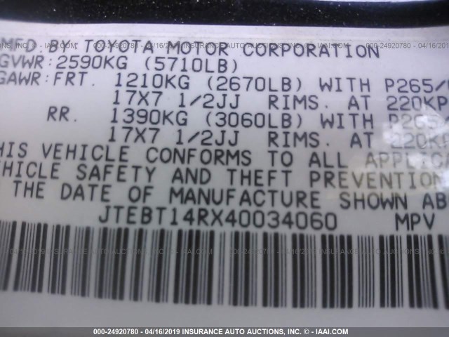 JTEBT14RX40034060 - 2004 TOYOTA 4RUNNER SR5/SPORT BLACK photo 9