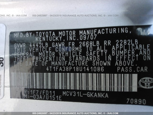 4T1FA38P18U141086 - 2008 TOYOTA CAMRY SOLARA SE/SLE/SPORT SILVER photo 9