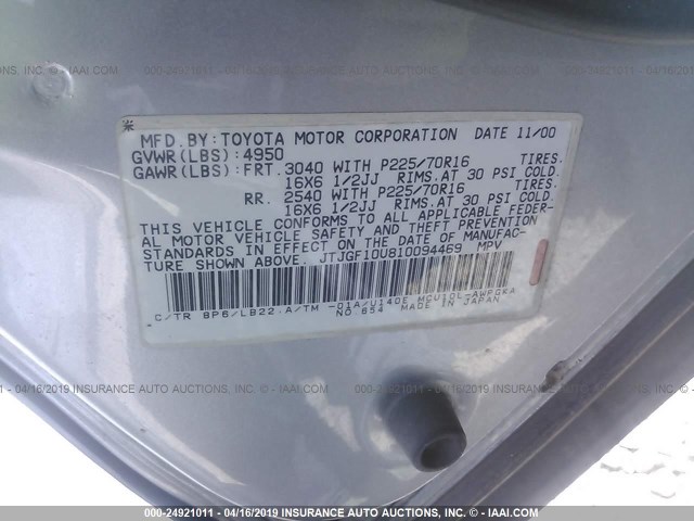 JTJGF10U810094469 - 2001 LEXUS RX 300 SILVER photo 9