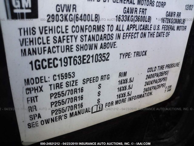 1GCEC19T63E210352 - 2003 CHEVROLET SILVERADO C1500 BLACK photo 9