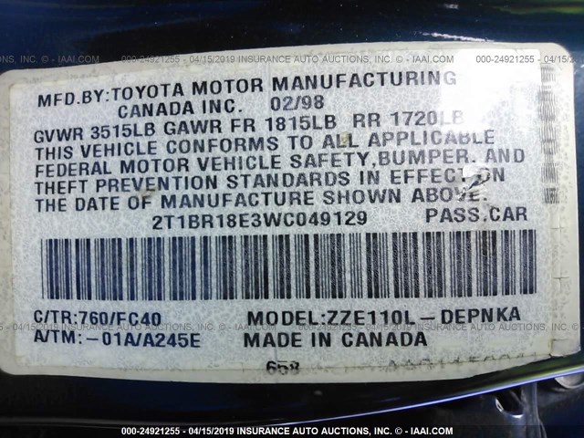 2T1BR18E3WC049129 - 1998 TOYOTA COROLLA VE/CE/LE 深蓝色 照片 9