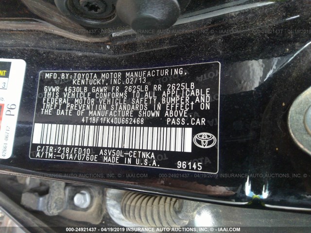 4T1BF1FK4DU662468 - 2013 TOYOTA CAMRY L/SE/LE/XLE 黑色 照片 9