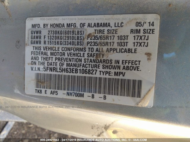 5FNRL5H63EB106827 - 2014 HONDA ODYSSEY EXL SILVER photo 9