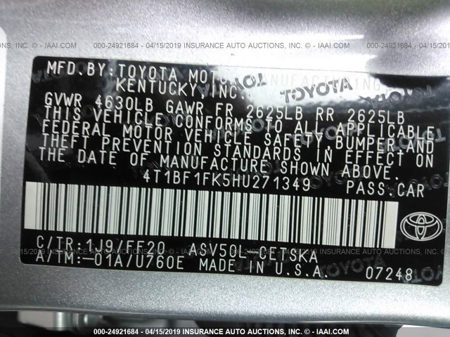 4T1BF1FK5HU271349 - 2017 TOYOTA CAMRY LE/XLE/SE/XSE SILVER photo 9
