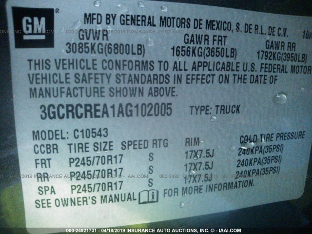 3GCRCREA1AG102005 - 2010 CHEVROLET SILVERADO C1500  LS GRAY photo 9