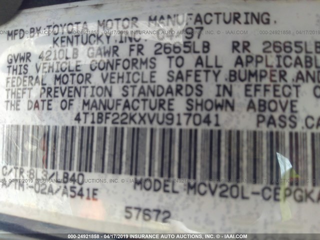 4T1BF22KXVU917041 - 1997 TOYOTA CAMRY CE/LE/XLE BLUE photo 9