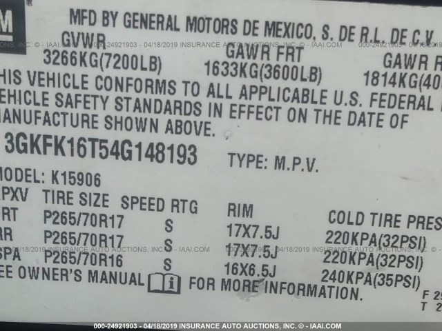 3GKFK16T54G148193 - 2004 GMC YUKON XL K1500 Dark Blue photo 9