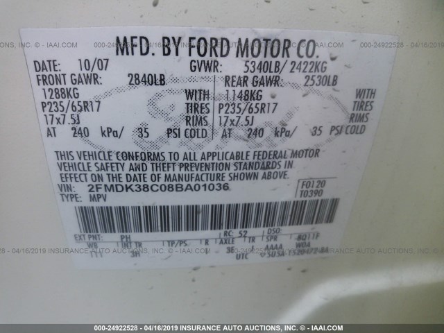 2FMDK38C08BA01036 - 2008 FORD EDGE SEL WHITE photo 9