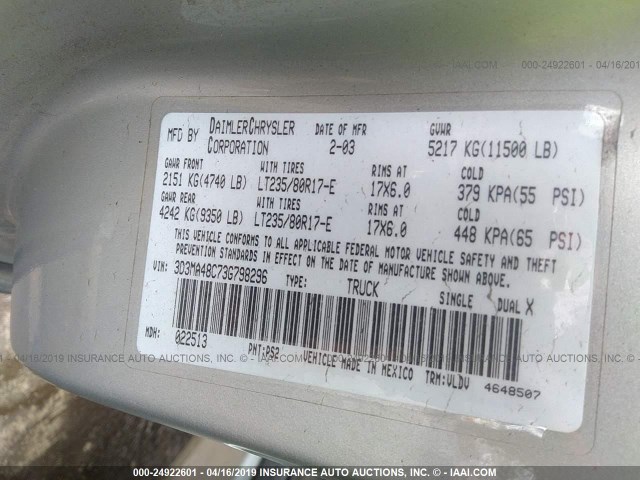 3D3MA48C73G798296 - 2003 DODGE RAM 3500 ST/SLT SILVER photo 9