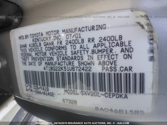 4T1BG22K51U872422 - 2001 TOYOTA CAMRY CE/LE/XLE SILVER photo 9