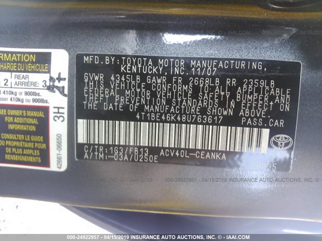 4T1BE46K48U763617 - 2008 TOYOTA CAMRY CE/LE/XLE/SE GRAY photo 9