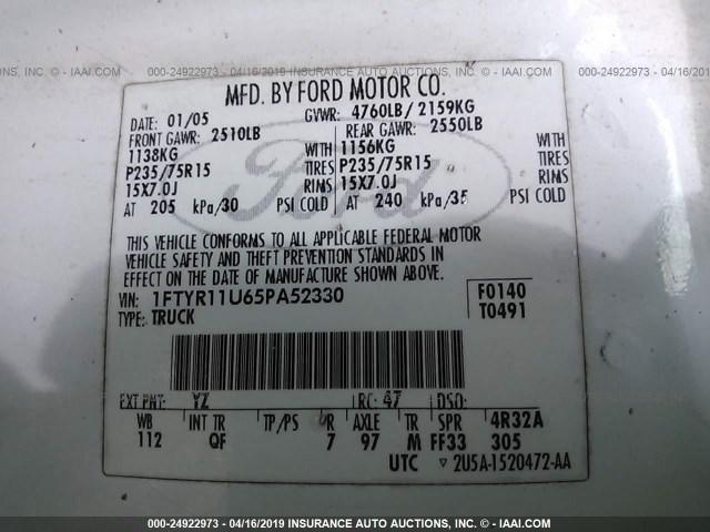 1FTYR11U65PA52330 - 2005 FORD RANGER WHITE photo 9