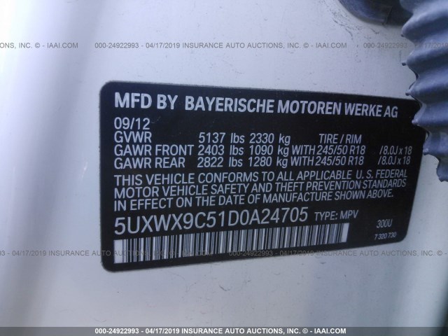 5UXWX9C51D0A24705 - 2013 BMW X3 XDRIVE28I WHITE photo 9