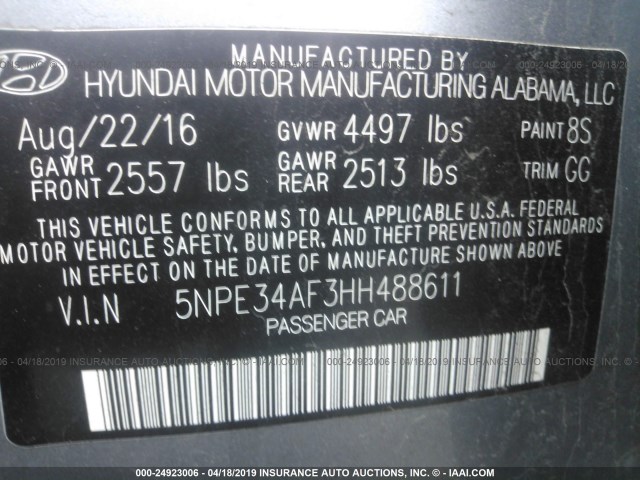 5NPE34AF3HH488611 - 2017 HYUNDAI SONATA SPORT/LIMITED GRAY photo 9