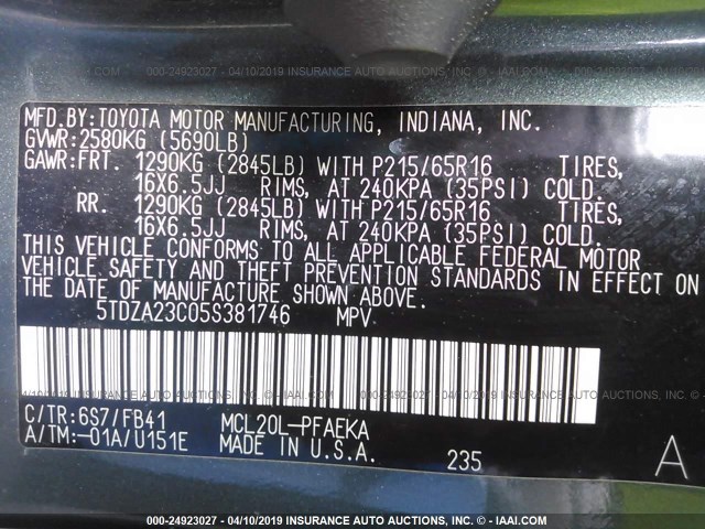 5TDZA23C05S381746 - 2005 TOYOTA SIENNA CE/LE SILVER photo 9