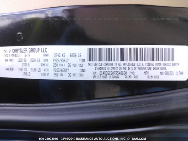 2C4RDGCG0FR548690 - 2015 DODGE GRAND CARAVAN SXT BLACK photo 9