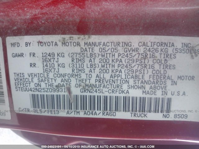 5TEUU42N25Z099319 - 2005 TOYOTA TACOMA ACCESS CAB წითელი ფოტო 9