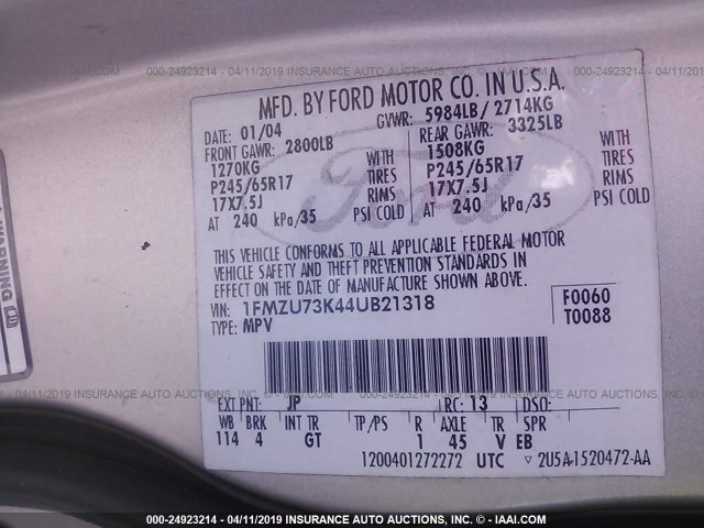 1FMZU73K44UB21318 - 2004 FORD EXPLORER XLT/XLT SPORT/NBX SILVER photo 9