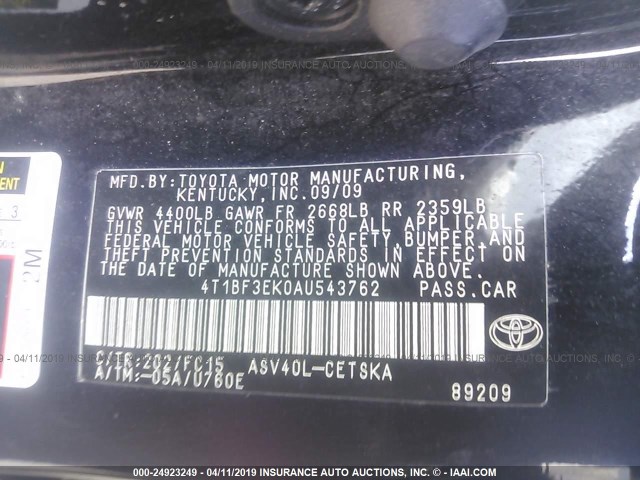 4T1BF3EK0AU543762 - 2010 TOYOTA CAMRY SE/LE/XLE BLACK photo 9