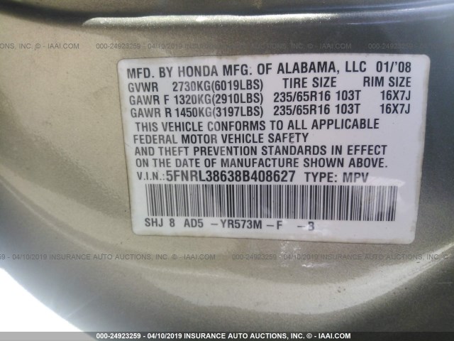 5FNRL38638B408627 - 2008 HONDA ODYSSEY EXL BEIGE photo 9