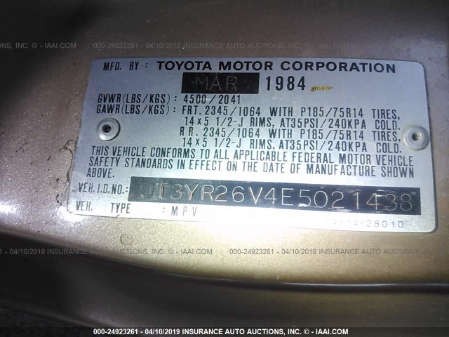 JT3YR26V4E5021438 - 1984 TOYOTA VAN WAGON LE GOLD photo 9