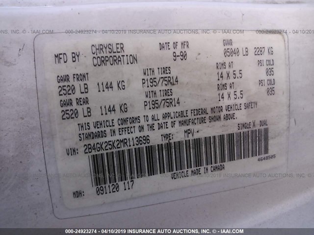 2B4GK25K2MR113696 - 1991 DODGE CARAVAN WHITE photo 9