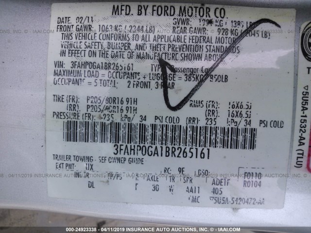 3FAHP0GA1BR265161 - 2011 FORD FUSION S SILVER photo 9