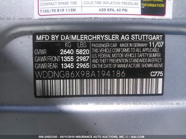 WDDNG86X98A194186 - 2008 MERCEDES-BENZ S 550 4MATIC SILVER photo 9