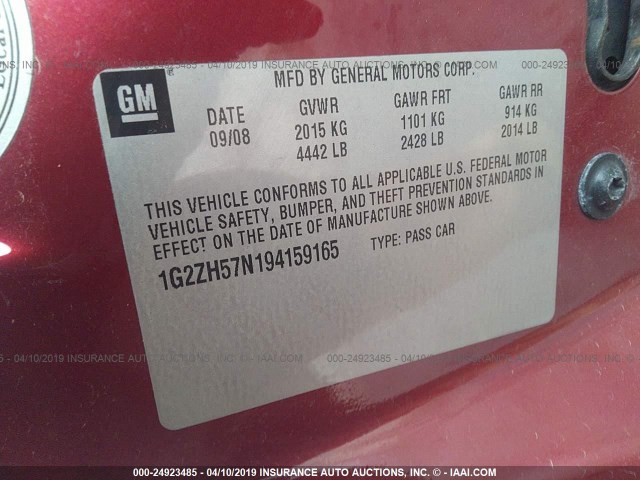 1G2ZH57N194159165 - 2009 PONTIAC G6 GT RED photo 9