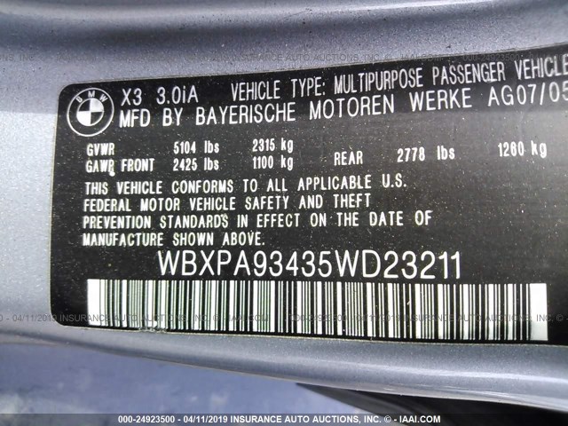 WBXPA93435WD23211 - 2005 BMW X3 3.0I GRAY photo 9