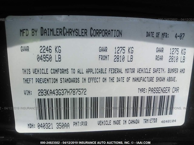 2B3KA43G37H787572 - 2007 DODGE CHARGER SE/SXT BLACK photo 9