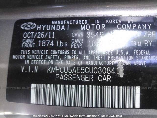 KMHCU5AE5CU030841 - 2012 HYUNDAI ACCENT GLS/GS/SE BEIGE photo 9