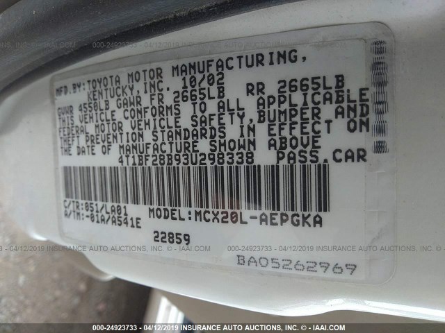 4T1BF28B93U298338 - 2003 TOYOTA AVALON XL/XLS WHITE photo 9