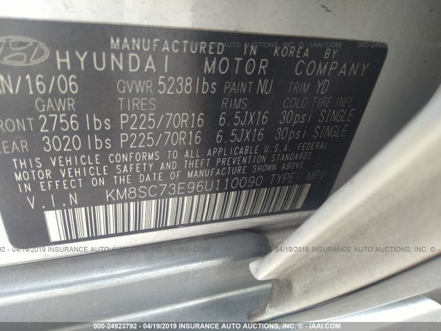 KM8SC73E96U110090 - 2006 HYUNDAI SANTA FE GLS/LIMITED WHITE photo 9