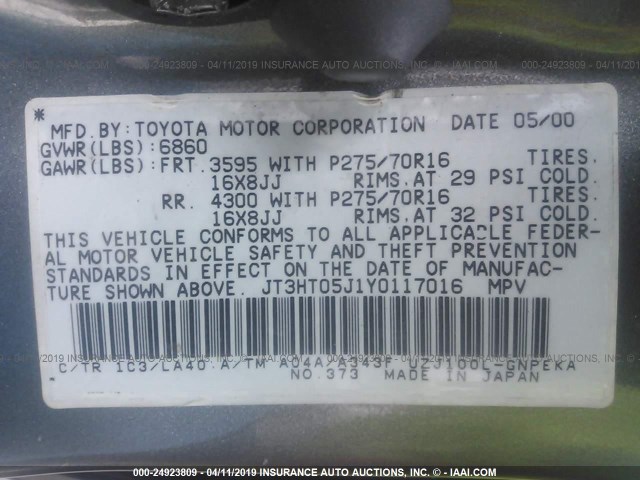 JT3HT05J1Y0117016 - 2000 TOYOTA LAND CRUISER  GRAY photo 9