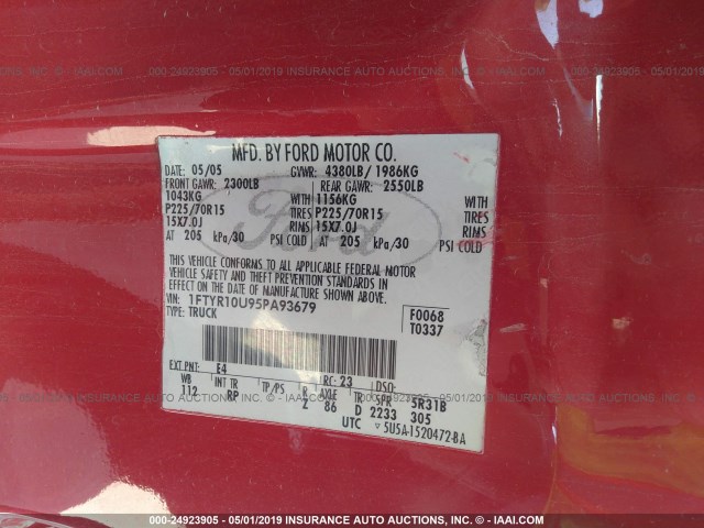 1FTYR10U95PA93679 - 2005 FORD RANGER RED photo 9