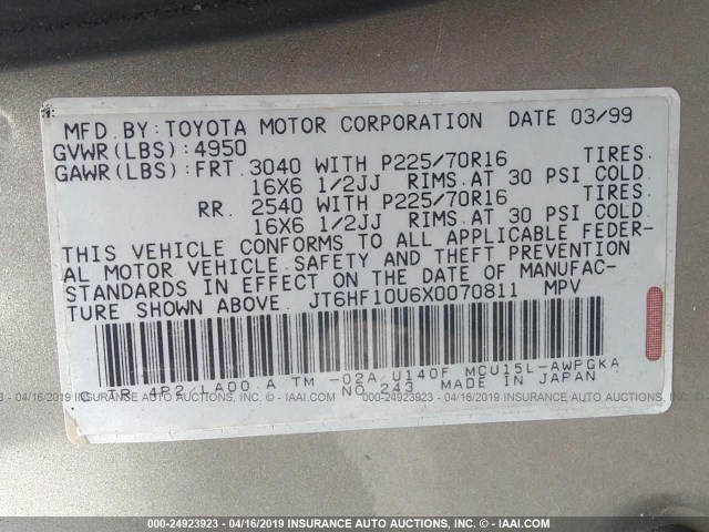 JT6HF10U6X0070811 - 1999 LEXUS RX 300 GOLD photo 9