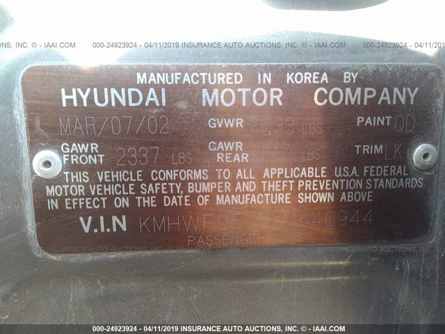 KMHWF35H82A640944 - 2002 HYUNDAI SONATA GLS/LX GRAY photo 9