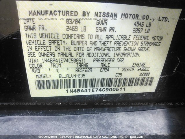 1N4BA41E74C900511 - 2004 NISSAN MAXIMA SE/SL BLACK photo 9