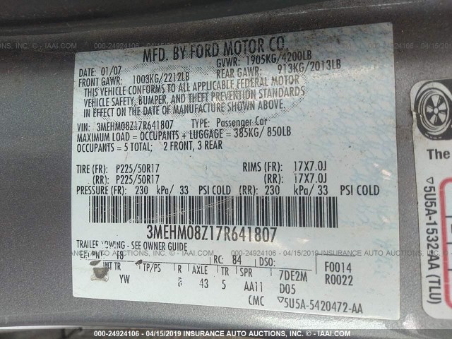 3MEHM08Z17R641807 - 2007 MERCURY MILAN PREMIER GRAY photo 9