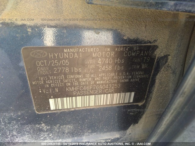 KMHFC46F76A043253 - 2006 HYUNDAI AZERA SE/LIMITED BLUE photo 9