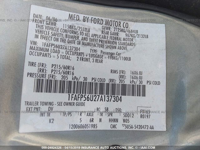 1FAFP56U27A137304 - 2007 FORD TAURUS SEL BLUE photo 9