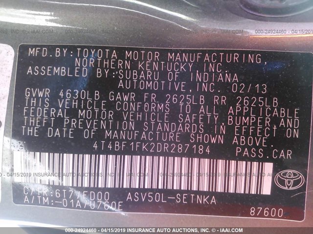 4T4BF1FK2DR287184 - 2013 TOYOTA CAMRY L/SE/LE/XLE 灰色 照片 9