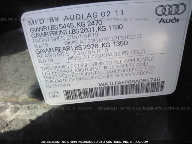 WA1LFAFP6BA085746 - 2011 AUDI Q5 PREMIUM PLUS BLACK photo 9